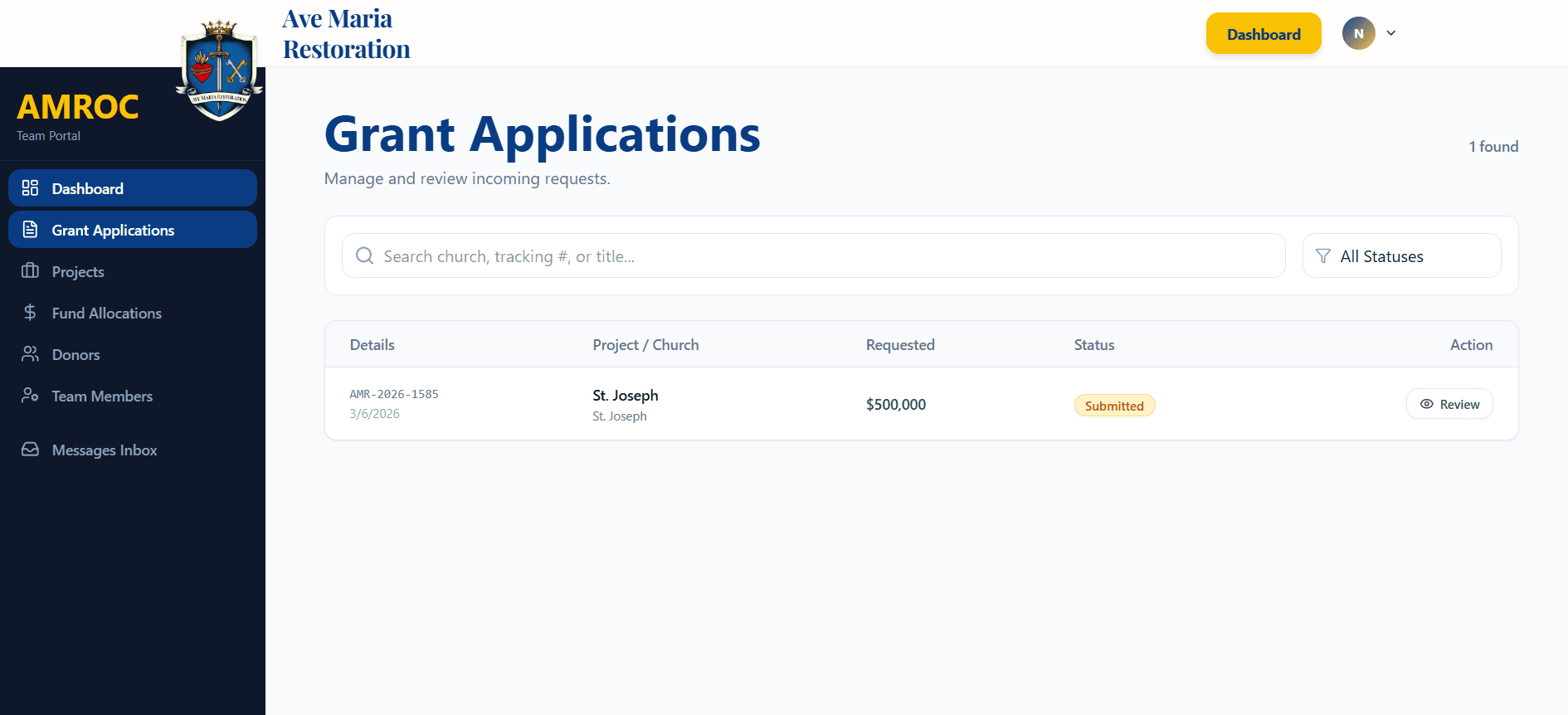 Ave Maria Restoration grant applications portal